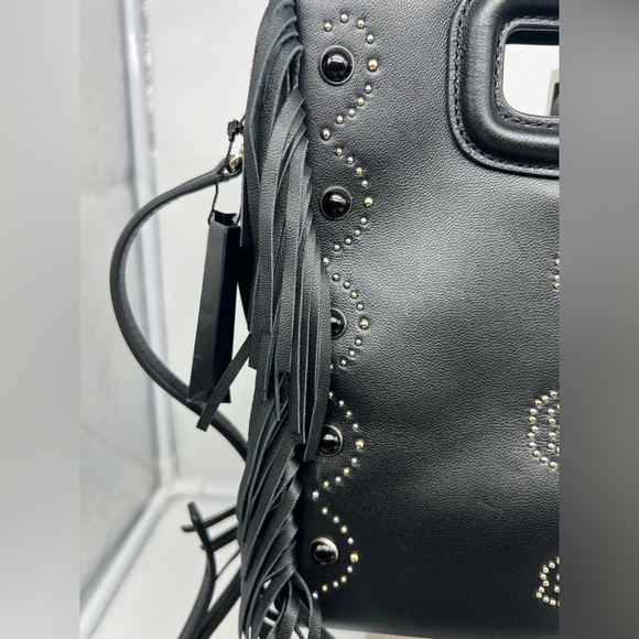NWT MAJE Sac M Black Studded Leather Embellished Clover Motif Fringe Crossbody - Picture 7 of 13